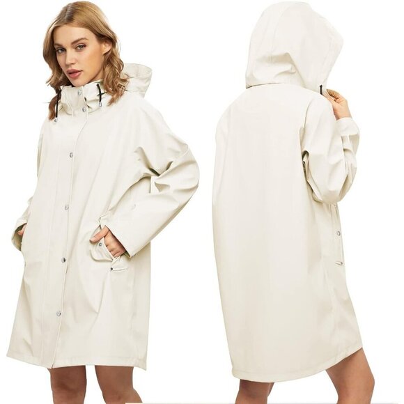 Women’s Upgrade-beige Waterproof Rain Jackets Hooded Long & Raincoat Windbreaker - Picture 2 of 5